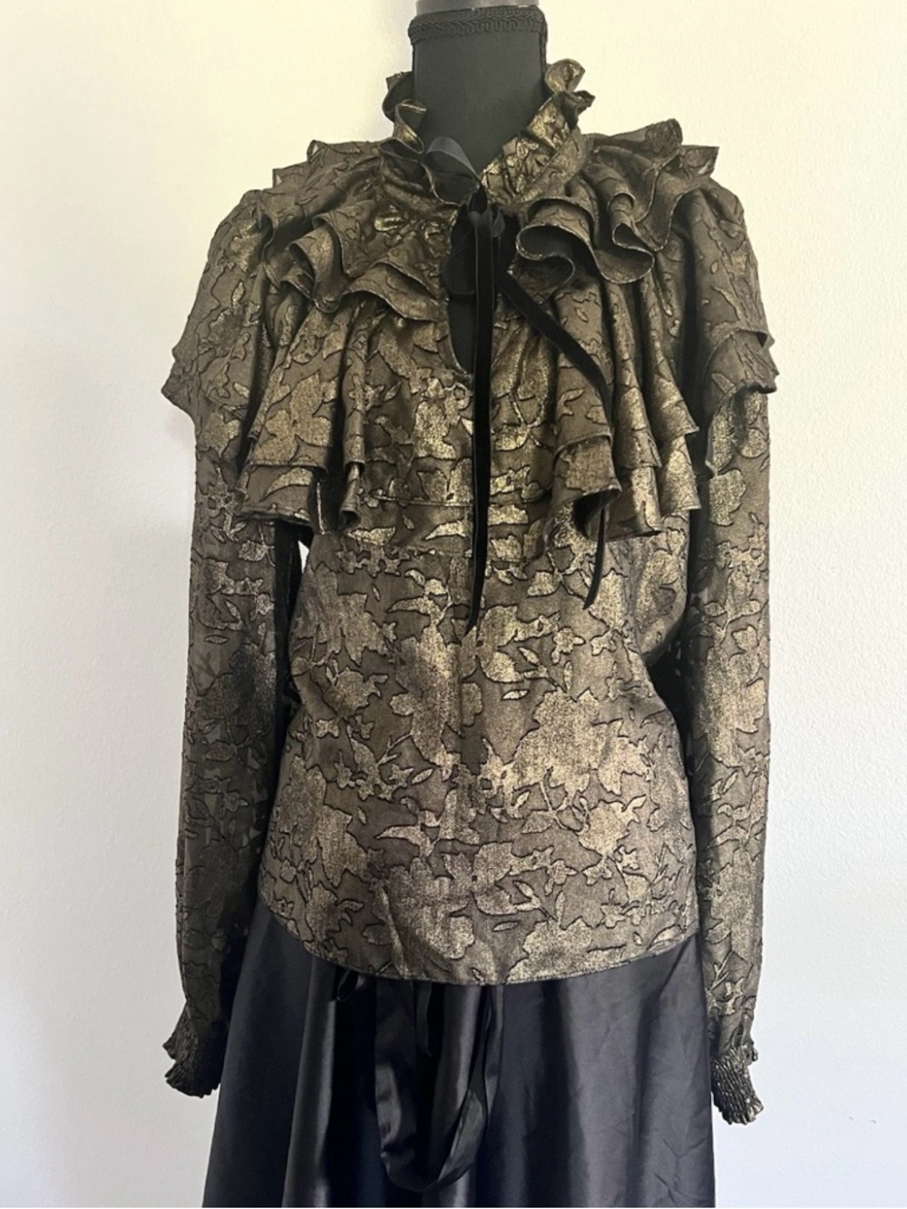 Metallic Gold Brocade Ruffle Blouse - Women's Top